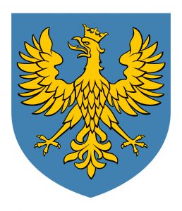 Obraz przedstawia herb województwa opolskiego, żółty orzeł w koronie na niebieskim tle.