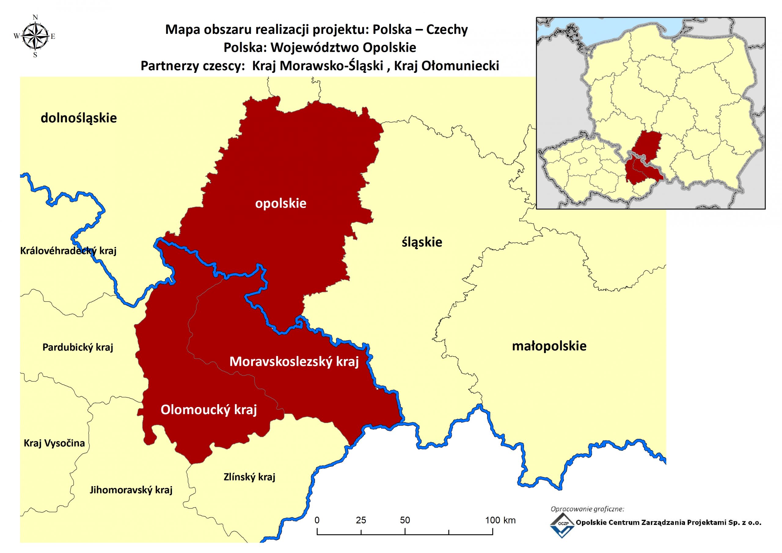 Obraz przedstawia mapę obszaru realizacji projektu LIFE. Kolorem brązowym oznaczono obszar województwa opolskiego jako beneficjenta koordynującego, a także obszar Kraju Morawsko-Śląskiego i Kraju Ołomunieckiego po stronie Czech.
